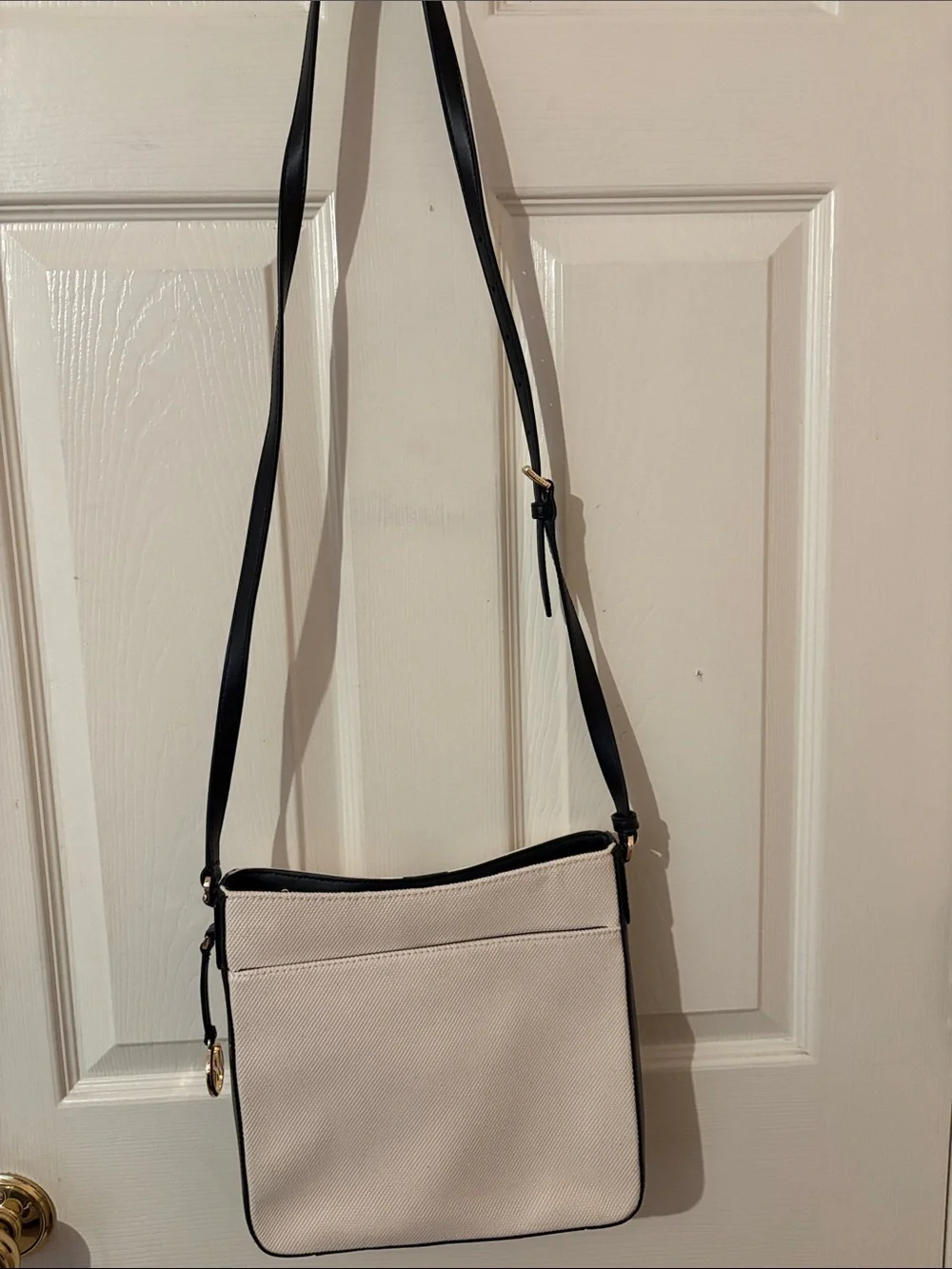 Mk  Beige Tote with Black and White Center Stripe. new w/o tags. Stiff until use